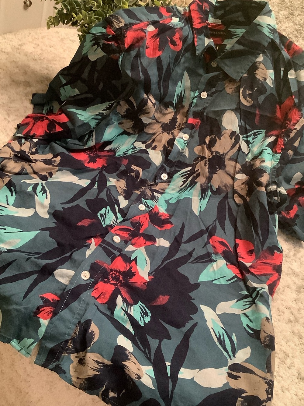 Banana Republic Tropical Red Teal Floral Dress Shirt Size L slim fit NWT Cotton - Picture 6 of 14